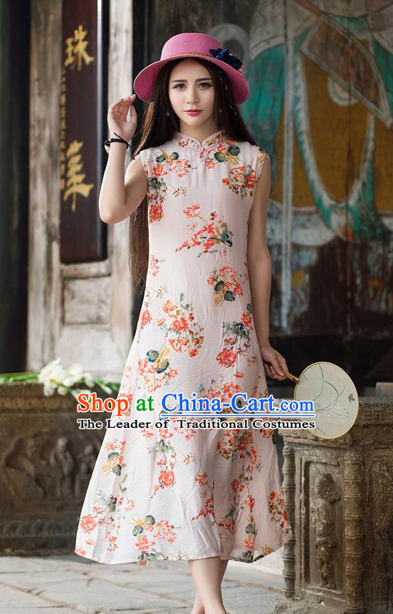 Traditional Ancient Chinese National Costume, Elegant Hanfu Mandarin Qipao Painting Stand Collar Red Dress, China Tang Suit Plated Button Chirpaur Republic of China Cheongsam Upper Outer Garment Elegant Dress Clothing for Women