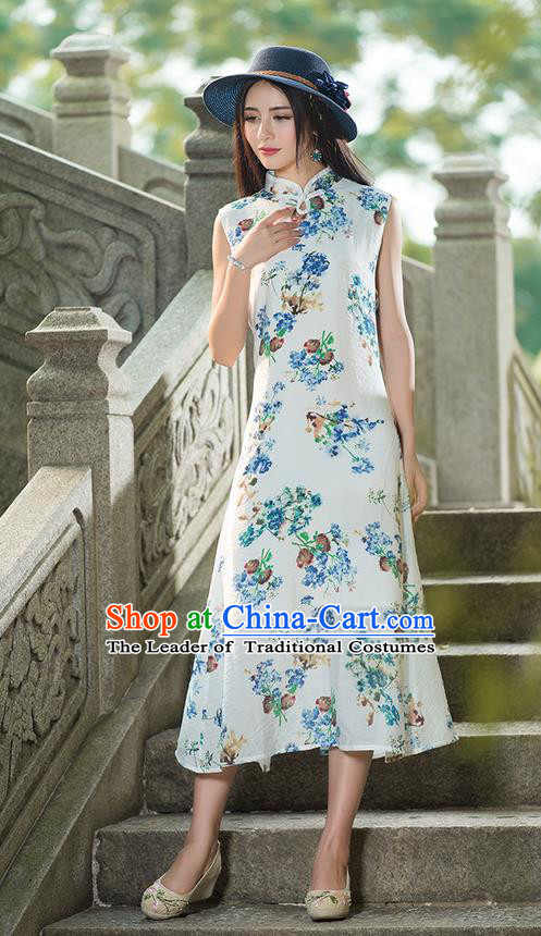 Traditional Ancient Chinese National Costume, Elegant Hanfu Mandarin Qipao Painting Stand Collar White Dress, China Tang Suit Plated Button Chirpaur Republic of China Cheongsam Upper Outer Garment Elegant Dress Clothing for Women