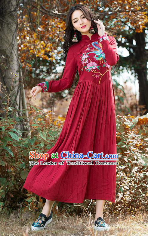 Traditional Ancient Chinese National Costume, Elegant Hanfu Mandarin Qipao Linen Embroidery Phoenix Red Dress, China Tang Suit National Minority Dance Elegant Dress Clothing for Women