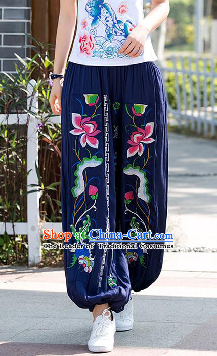 Traditional Chinese National Costume Plus Fours, Elegant Hanfu Patch Embroidery Lotus Navy Bloomers, China Ethnic Minorities Folk Dance Tang Suit Pantalettes for Women
