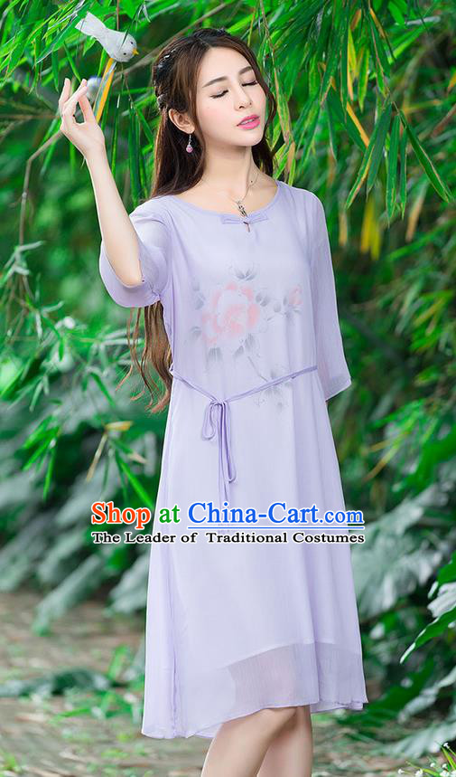 Traditional Ancient Chinese National Costume, Elegant Hanfu Mandarin Qipao Hand Painting Purple Dress, China Tang Suit National Minority Dance Chirpaur Republic of China Cheongsam Upper Outer Garment Elegant Dress Clothing for Women
