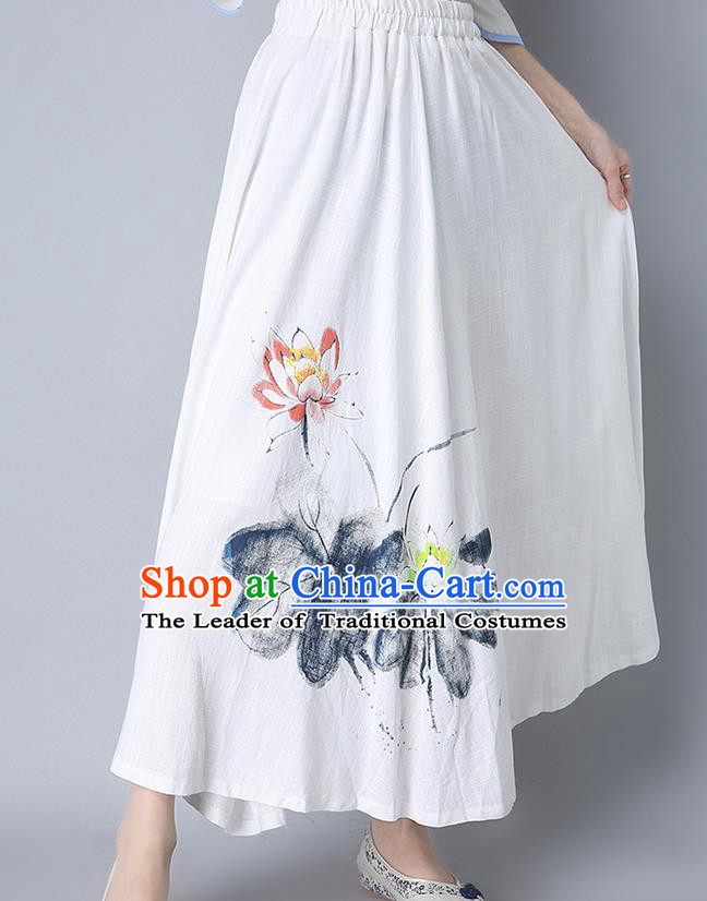 Traditional Ancient Chinese National Pleated Skirt Costume, Elegant Hanfu Hand Painting Lotus Flowers Long White Skirt, China Tang Suit Bust Skirt for Women