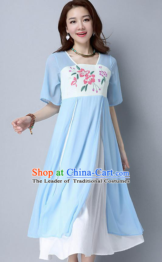 Traditional Ancient Chinese National Costume, Elegant Hanfu Chiffon Printing Flowers Blue Dress, China Tang Suit Chirpaur Cheongsam Elegant Dress Clothing for Women