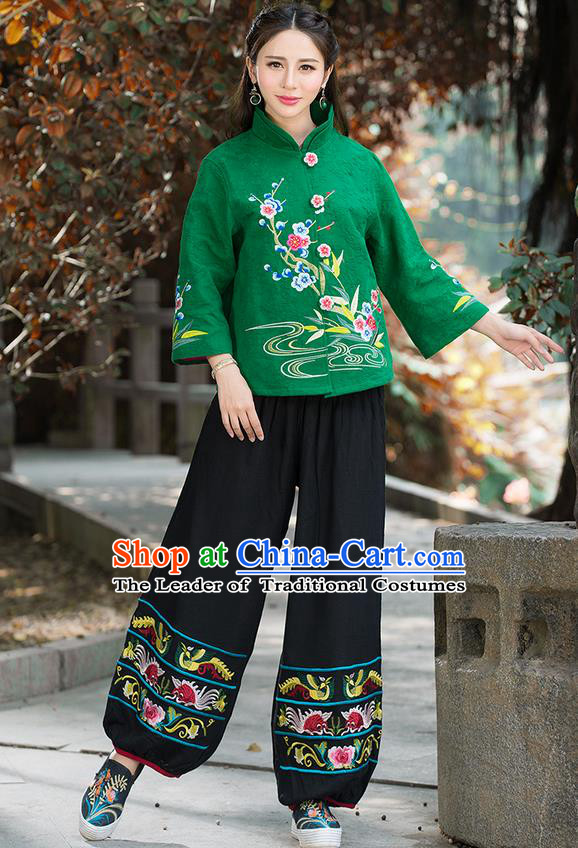 Traditional Chinese National Costume, Elegant Hanfu Embroidery Flowers Slant Opening Green Coat, China Tang Suit Republic of China Plated Buttons Blouse Cheongsam Upper Outer Garment Qipao Jacket Clothing for Women