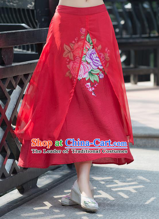 Traditional Ancient Chinese National Pleated Skirt Costume, Elegant Hanfu Embroidery Peony Flowers Double-deck Long Red Skirt, China Tang Suit Bust Skirt for Women