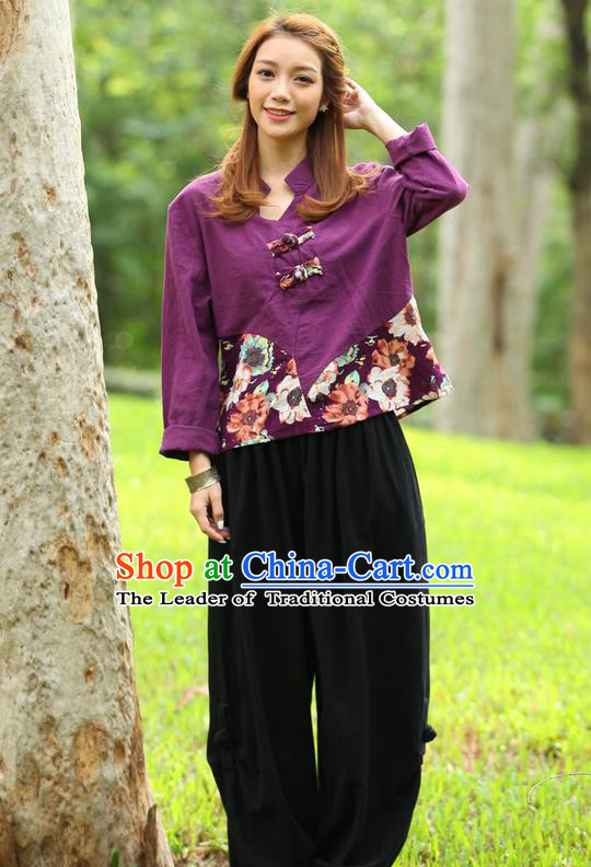 Traditional Chinese National Costume, Elegant Hanfu Joint Color Flowers Linen Purple T-Shirt, China Tang Suit Plated Buttons Blouse Cheongsam Upper Outer Garment Qipao Shirts Clothing for Women