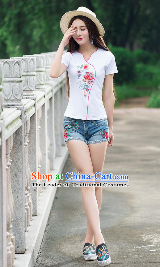 Traditional Chinese National Costume, Elegant Hanfu Embroidery White T-Shirt, China Tang Suit Republic of China Plated Buttons Blouse Cheongsam Upper Outer Garment Qipao Shirts Clothing for Women