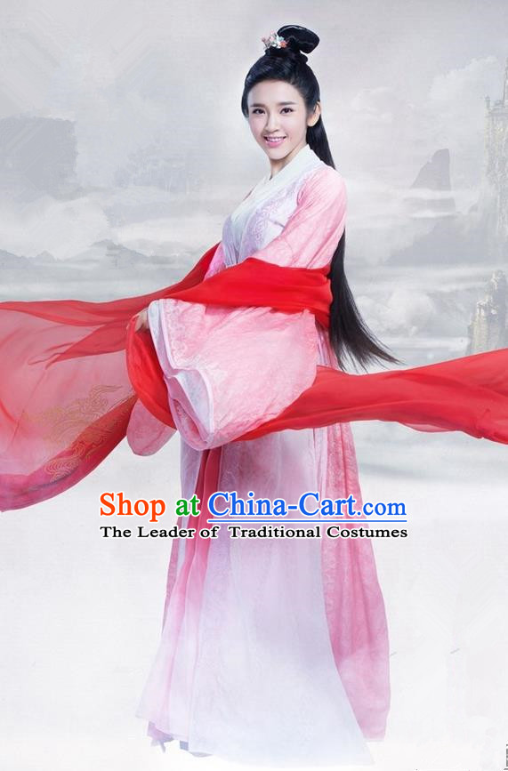 Traditional Ancient Chinese Elegant Swordsman Costume, Chinese Ancient Young Lady Dress, Cosplay Chinese Television Drama Jade Dynasty Qing Yun Faction Princess Peri Hanfu Trailing Embroidery Clothing for Women