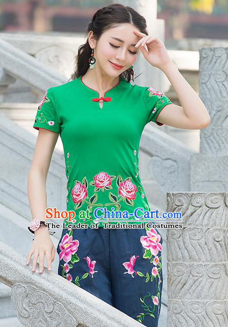 Traditional Chinese National Costume, Elegant Hanfu Embroidery Flowers Green T-Shirt, China Tang Suit Republic of China Plated Buttons Blouse Cheongsam Upper Outer Garment Qipao Shirts Clothing for Women