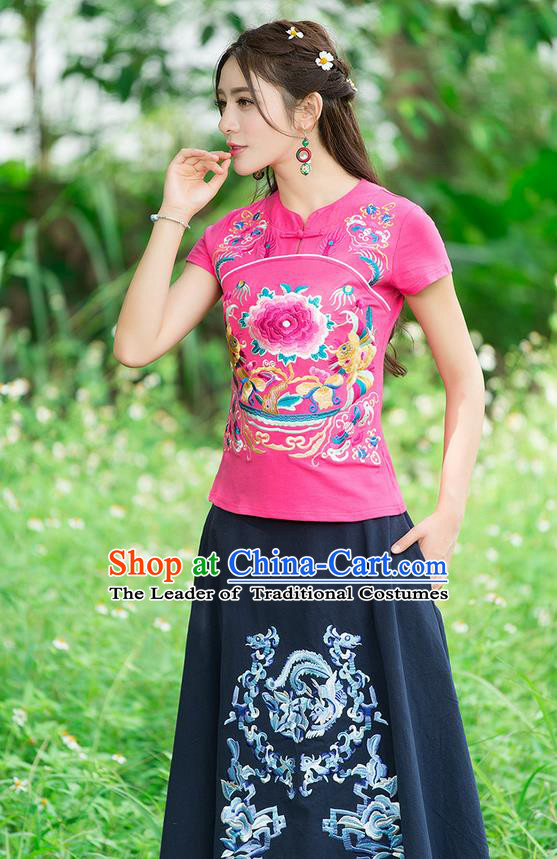 Traditional Chinese National Costume, Elegant Hanfu Embroidery Peony Flowers Pink T-Shirt, China Tang Suit Republic of China Chirpaur Plated Buttons Blouse Cheong-sam Upper Outer Garment Qipao Shirts Clothing for Women