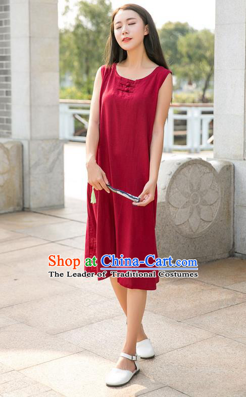 Traditional Ancient Chinese National Costume, Elegant Hanfu Mandarin Qipao Linen Red Dress, China Tang Suit Chirpaur Republic of China Plated Buttons Cheongsam Elegant Dress Clothing for Women