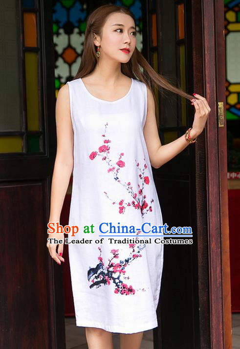 Traditional Ancient Chinese National Costume, Elegant Hanfu Mandarin Qipao Linen Ink Painting Wintersweet Dress, China Tang Suit Chirpaur Republic of China Plated Buttons Cheongsam Elegant Dress Clothing for Women