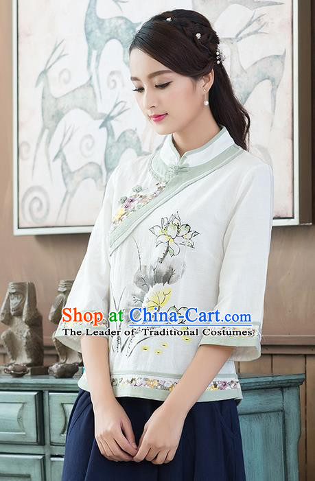 Traditional Chinese National Costume, Elegant Hanfu Ink Painting Lotus Flowers Slant Opening Shirt, China Tang Suit Republic of China Plated Chirpaur Buttons Blouse Cheong-sam Upper Outer Garment Qipao Shirts Clothing for Women