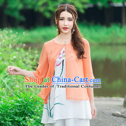 Traditional Chinese National Costume, Elegant Hanfu Hand Painting Lotus Flowers Orange Blouse, China Tang Suit Chirpaur Blouse Cheong-sam Upper Outer Garment Qipao Shirts Clothing for Women