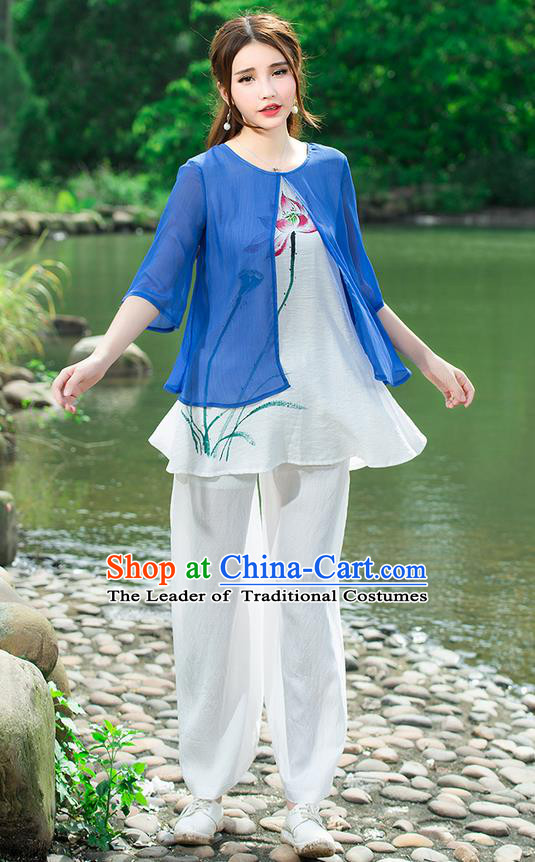 Traditional Chinese National Costume, Elegant Hanfu Hand Painting Lotus Flowers Blue Blouse, China Tang Suit Chirpaur Blouse Cheong-sam Upper Outer Garment Qipao Shirts Clothing for Women