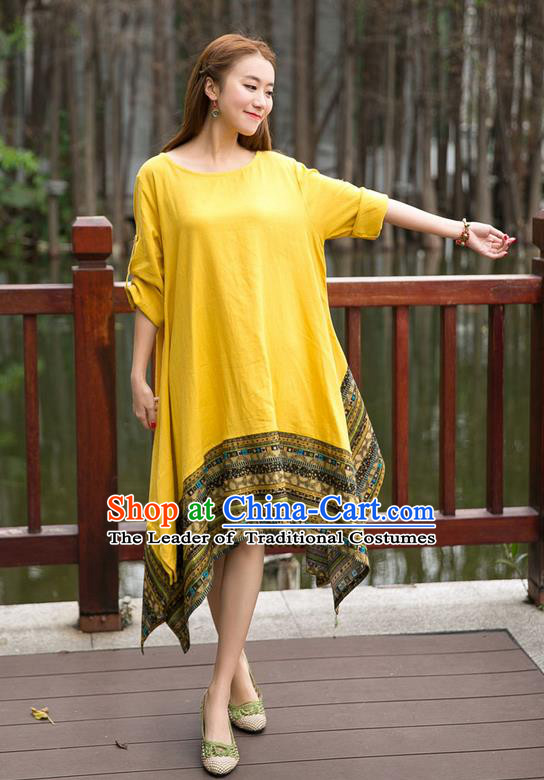 Traditional Ancient Chinese National Costume, Elegant Hanfu Big Swing Yellow Dress, China Tang Suit National Minority Chirpaur Elegant Dress Clothing for Women
