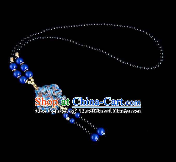 Traditional Chinese Nationality Crafts, Yunan Handmade Coloured Glaze Fish Deep Blue Tassel Sweater Chain, China Ethnic Minority Necklace Accessories Pendant for Women