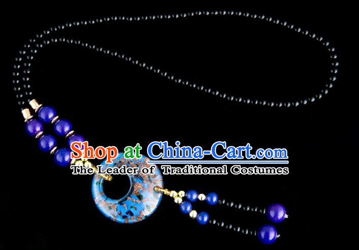 Traditional Chinese Miao Nationality Crafts, China Handmade Beads Blue Coloured Glaze Sweater Chain, China Miao Ethnic Minority Necklace Accessories Pendant for Women