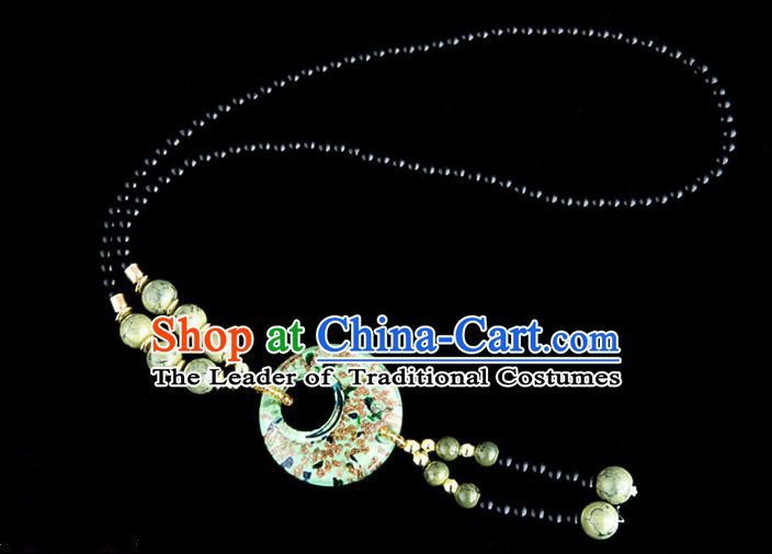 Traditional Chinese Miao Nationality Crafts, China Handmade Beads Green Coloured Glaze Sweater Chain, China Miao Ethnic Minority Necklace Accessories Pendant for Women