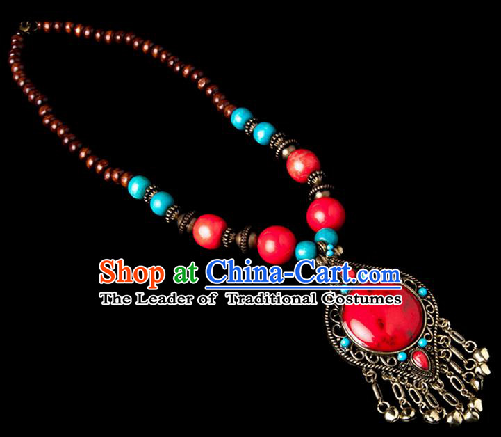 Traditional Chinese Zang Nationality Crafts, China Handmade Tibet Beads Red Drop-shaped Tassel Sweater Chain, Tibetan Ethnic Minority Necklace Accessories Pendant for Women