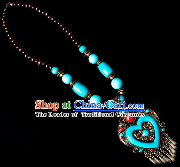 Traditional Chinese Zang Nationality Crafts, China Handmade Tibet Blue Beads Heart-shaped Tassel Sweater Chain, Tibetan Ethnic Minority Necklace Accessories Pendant for Women