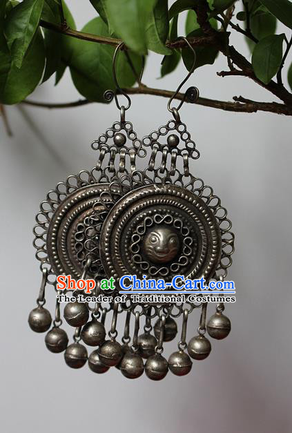 Traditional Chinese Miao Nationality Crafts Jewelry Accessory Classical Earbob Accessories, Hmong Handmade Miao Silver Palace Lady Bells Tassel Earrings, Miao Ethnic Minority Eardrop for Women