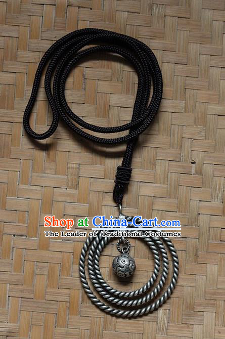 Traditional Chinese Miao Nationality Crafts Jewelry Accessory, Hmong Handmade Miao Silver Bells Tassel Birds Pendant, Miao Ethnic Minority Bells Necklace Accessories Sweater Chain Pendant for Women