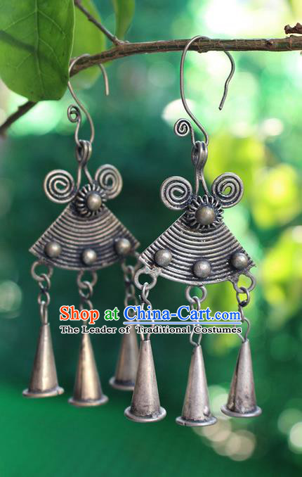 Traditional Chinese Miao Nationality Crafts Jewelry Accessory Classical Earbob Accessories, Hmong Handmade Miao Silver Palace Bells Tassel Earrings, Miao Ethnic Minority Eardrop for Women