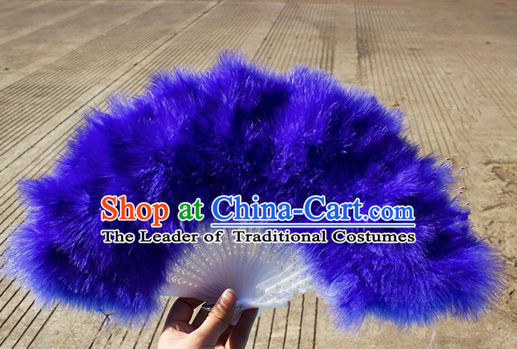 Traditional Handmade Chinese Classical Feather Fans, China Folk Dance Fan Dance Stage Performance Blue Fan for Women