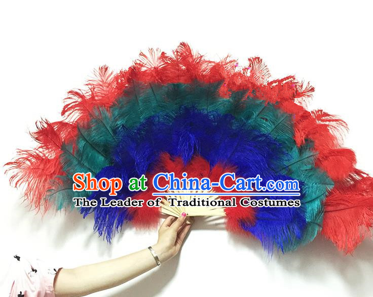 Traditional Handmade Chinese Classical Ostrich Feather Fans, China Folk Dance Fan Dance Stage Performance Colorful Fan for Women