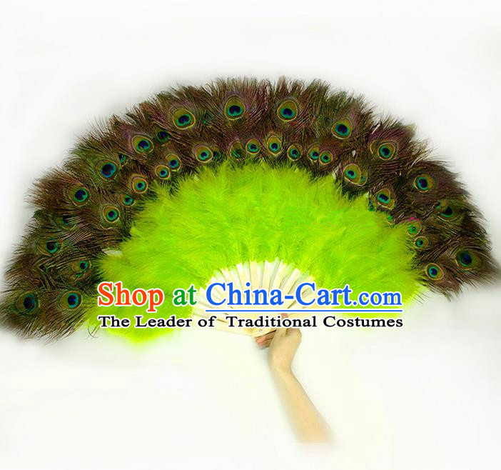 Traditional Handmade Chinese Classical Peacock Feather Fans, China Folk Dance Fan Dance Stage Performance Large Size Green Fan for Women