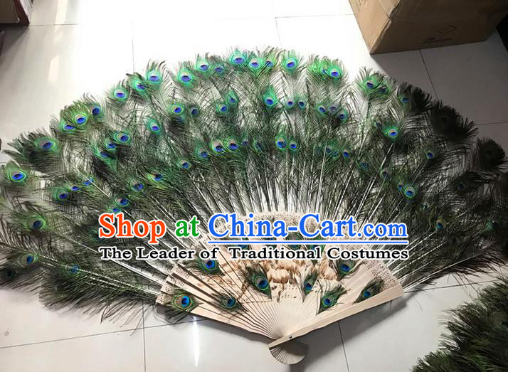 Traditional Handmade Chinese Classical Peacock Feather Fans, China Folk Dance Fan Dance Stage Performance Large Size Fan for Women