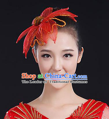 Traditional Handmade Chinese Yangge Fan Dancing Classical Hair Accessories, Folk Dance Yangko Peacock Dance Red Flower Headwear For Women