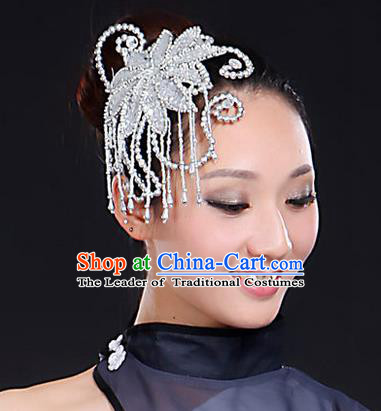 Traditional Handmade Chinese Yangge Fan Dancing Classical Hair Accessories, Folk Dance Yangko Peacock Dance Tassel Headwear For Women
