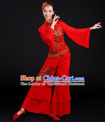 Traditional Chinese Yangge Fan Dancing Costume, Folk Dance Yangko Costume Drum Dance Embroidered Red Clothing for Women