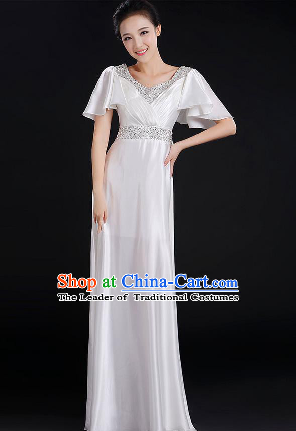 Traditional Chinese Modern Dancing Compere Costume, Women Opening Classic Chorus Singing Group Dance Uniforms, Modern Dance Crystal Long White Dress for Women