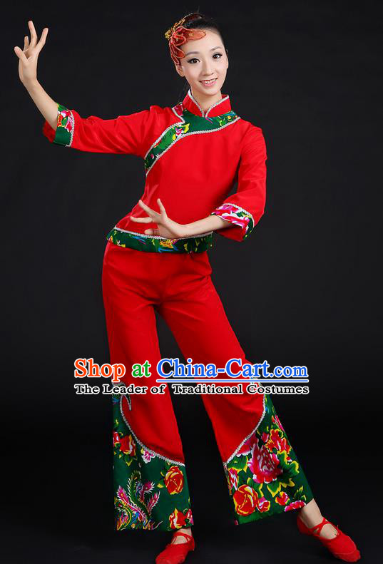 Traditional Chinese Yangge Fan Dancing Costume, Folk Dance Yangko Peony Uniforms, Classic Umbrella Dance Elegant Dress Drum Dance Red Clothing for Women