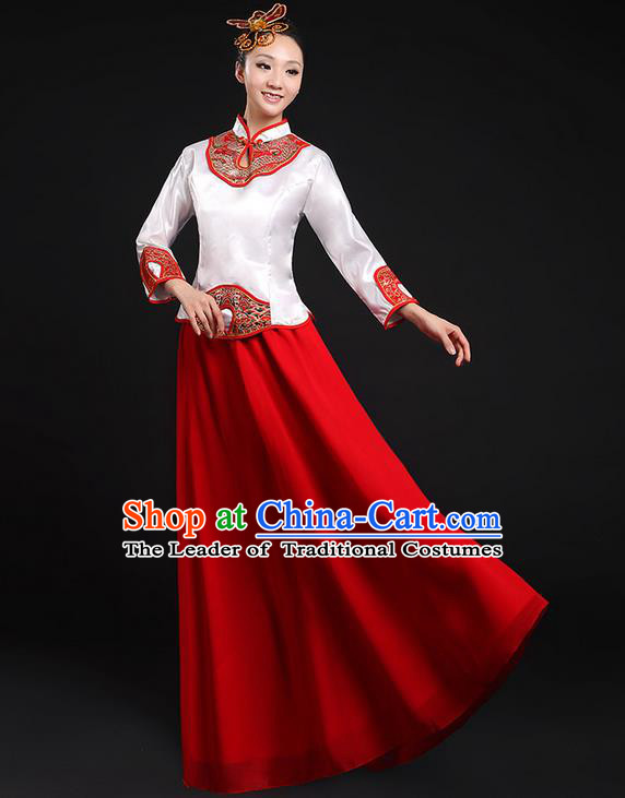 Traditional Chinese Modern Dancing Compere Costume, Women Opening Classic Chorus Singing Group Dance Uniforms, Modern Dance Classic Dance Cheongsam Red Dress for Women