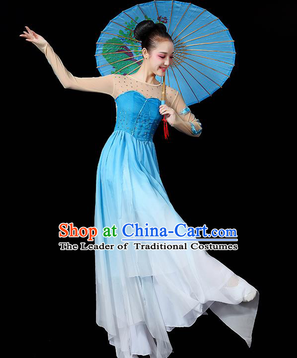 Traditional Chinese Yangge Fan Dancing Costume, Folk Dance Yangko Uniforms, Classic Umbrella Dance Elegant Dress Drum Dance Paillette Blue Clothing for Women