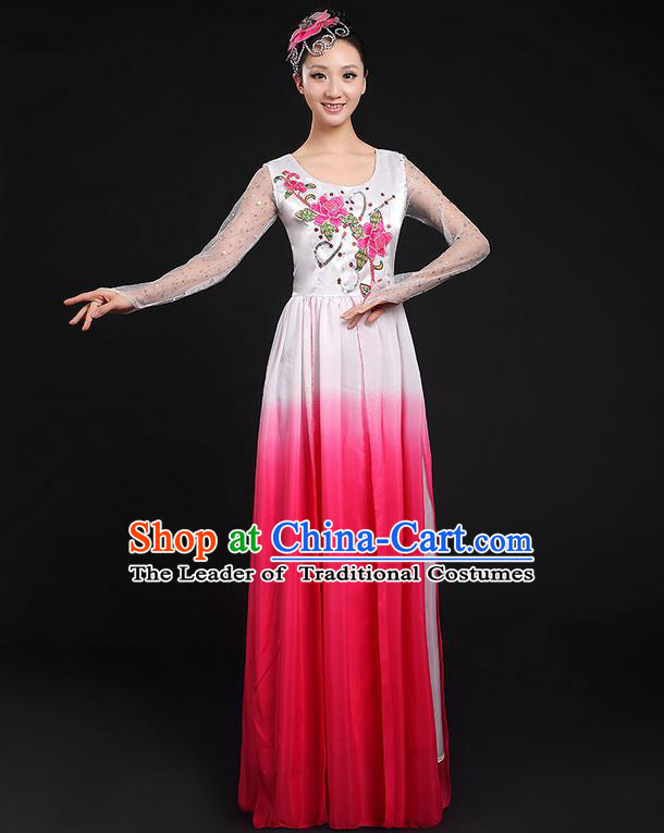 Traditional Chinese Modern Dancing Compere Costume, Women Opening Classic Chorus Singing Group Dance Dress Uniforms, Modern Dance Classic Dance Big Swing Pink Dress for Women