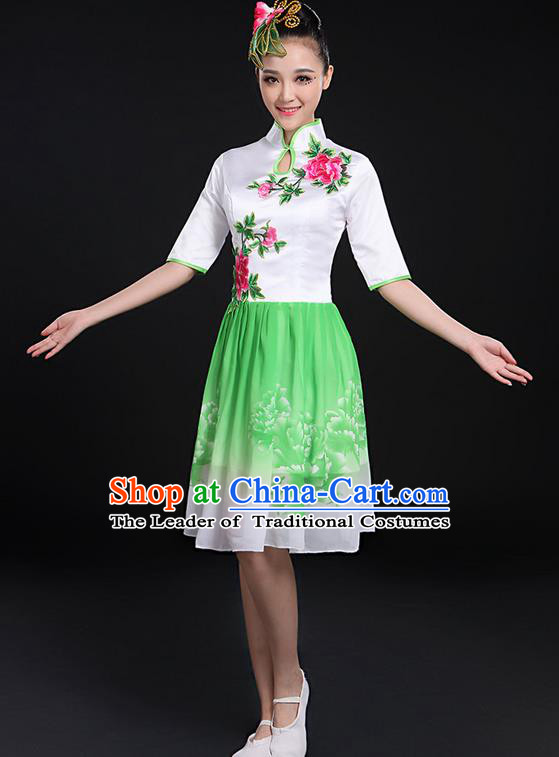 Traditional Chinese Modern Dancing Compere Costume, Women Opening Classic Chorus Singing Group Dance Bubble Peony Uniforms, Modern Dance Classic Dance Big Swing Cheongsam Green Dress for Women