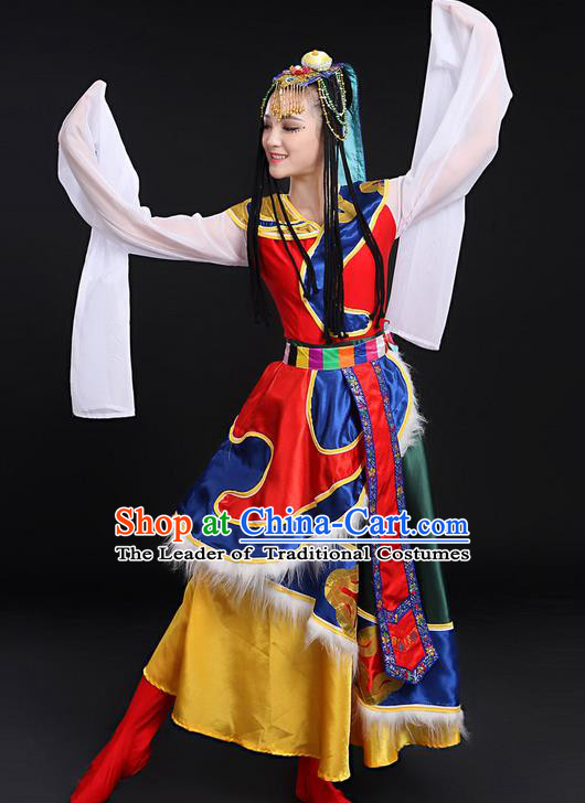 Traditional Chinese Mongol Nationality Dancing Costume, Mongols Female Folk Dance Ethnic Long Water-Sleeve Dress, Chinese Mongolian Minority Nationality Embroidery Costume for Women