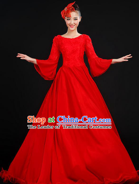 Traditional Chinese Modern Dancing Compere Costume, Women Opening Classic Chorus Singing Group Dance Dress Uniforms, Modern Dance Classic Dance Big Swing Red Dress for Women