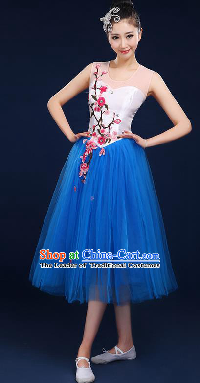 Traditional Chinese Style Modern Dancing Compere Costume, Women Opening Classic Chorus Singing Group Dance Embroider Plum Blossom Uniforms, Modern Dance Classic Dance Blue Dress for Women