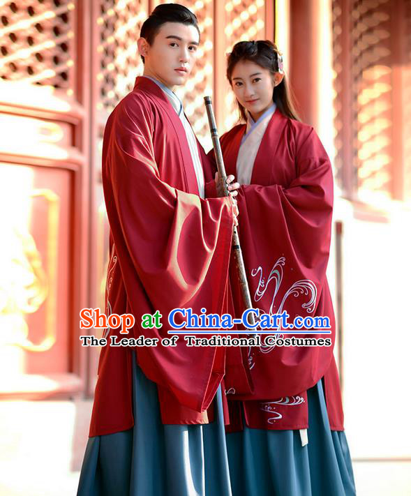 Traditional Chinese Ancient Han Dynasty Embroidered Wide Sleeve Cardigan Clothing for Women and Men