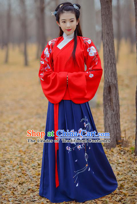 Traditional Ancient Chinese Young Lady Elegant Costume Embroidered Sleeve Pocket Slant Opening Blue Blouse and Slip Skirt Complete Set, Elegant Hanfu Clothing Chinese Ming Dynasty Imperial Princess Clothing for Women