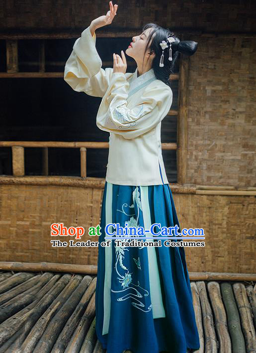 Traditional Ancient Chinese Young Lady Elegant Costume Embroidered Epiphyllum Slant Opening Blouse and Deep Blue Slip Skirt Complete Set, Elegant Hanfu Clothing Chinese Ming Dynasty Imperial Princess Clothing for Women