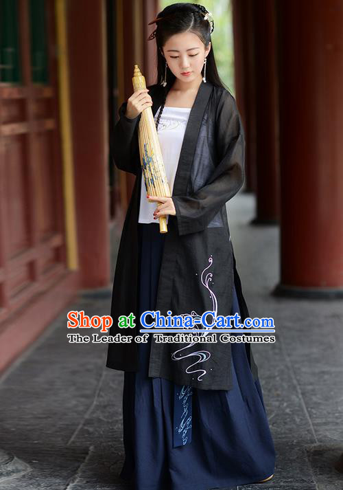 Traditional Ancient Chinese Young Lady Elegant Costume Embroidered Wide Sleeve Black Cardigan, Elegant Hanfu Clothing Chinese Jin Dynasty Imperial Princess Clothing for Women