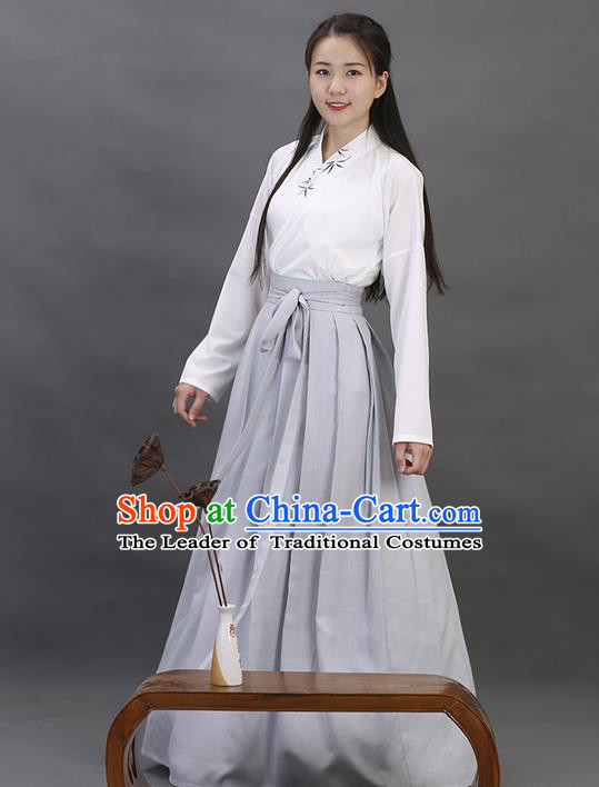 Traditional Ancient Chinese Young Lady Elegant Costume Embroidered Bamboo Slant Opening Blouse and Slip Skirt Complete Set, Elegant Hanfu Clothing Chinese Han Dynasty Imperial Princess Clothing for Women