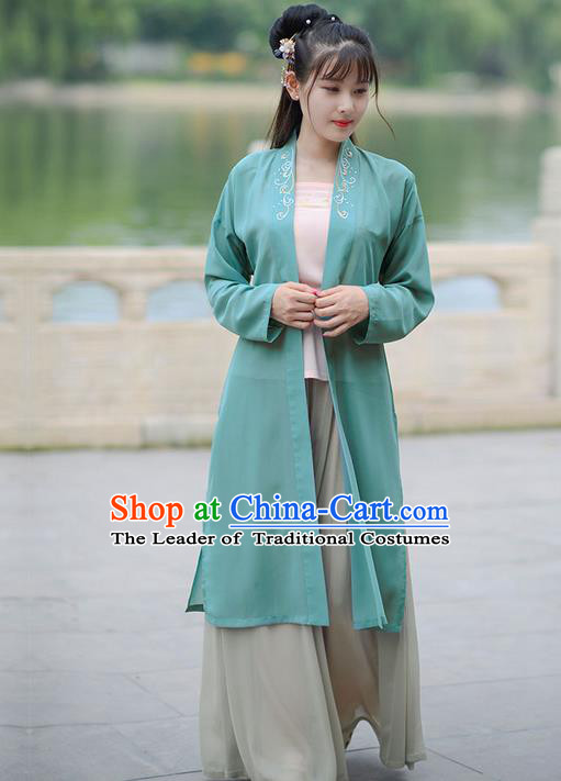 Traditional Ancient Chinese Young Lady Elegant Costume Embroidered Wide Sleeve Green Cardigan, Elegant Hanfu Clothing Chinese Song Dynasty Imperial Princess Clothing for Women